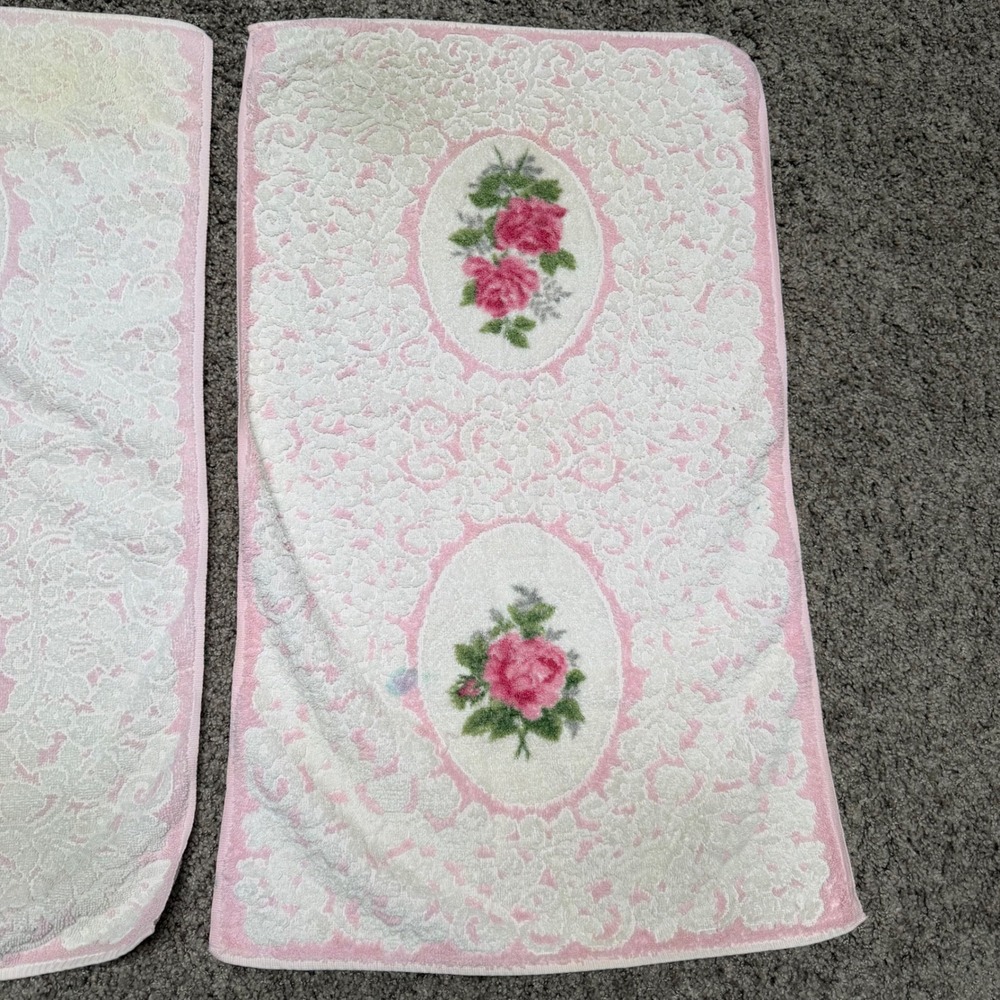 70s Vintage Cannon Royal Family 6pc Towel Set‎ Pink Rose Floral Cotton White - Picture 9 of 12